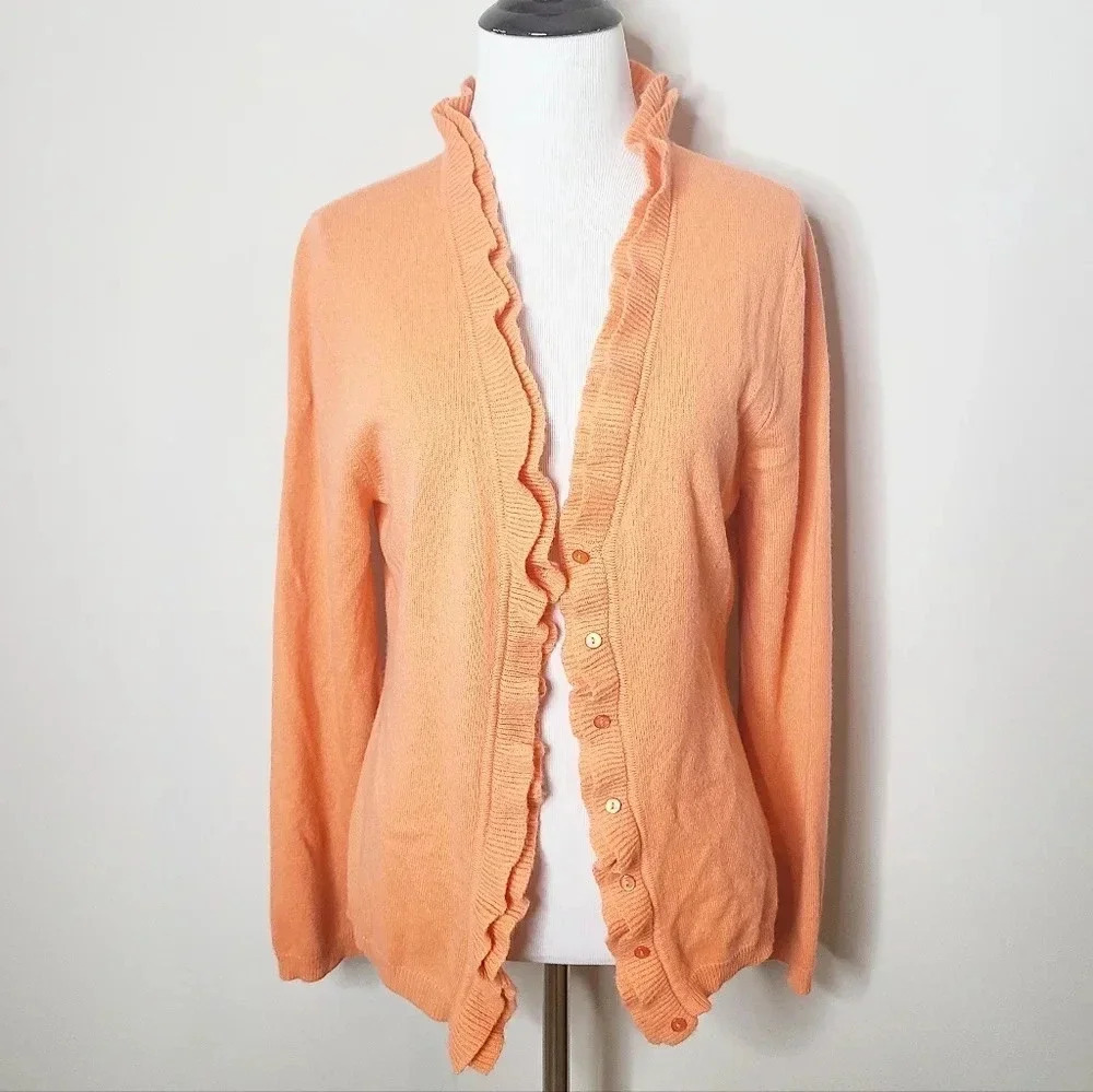 Garnet Hill Cashmere Long Sleeve Ruffle Cardigan Sweater S